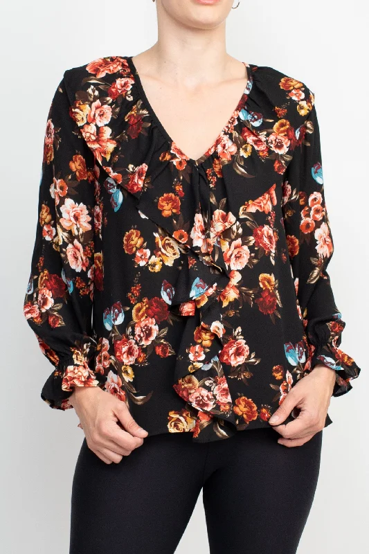 Counterparts Ruffled V-Neck Long Elastic Cuff Long Sleeve Multi Print Crepe Top