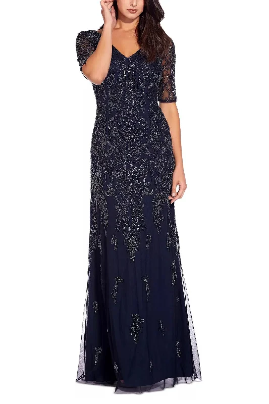 Adrianna Papell V-neck short illusion sleeve sequined & beaded zipper back mermaid hand beaded mesh gown