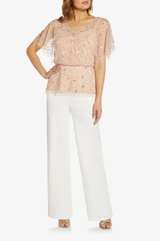 Adrianna Papell beaded mesh zippered flutter sleeve v neck blouse