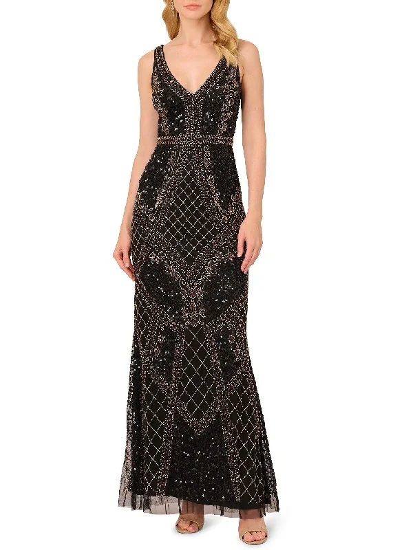 Adrianna Papell V-neck sleeveless zipper closure mermaid beaded mesh gown