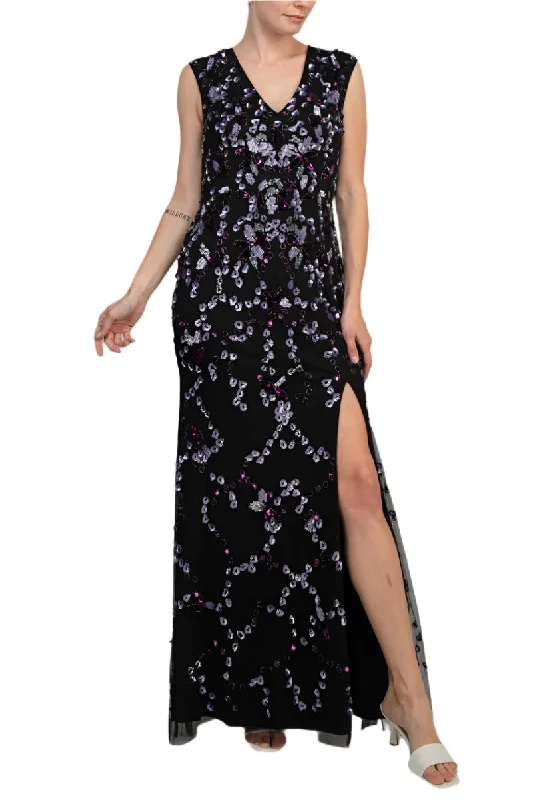 Adrianna Papell Beaded V Neck Sleeveless Font Slit Gown