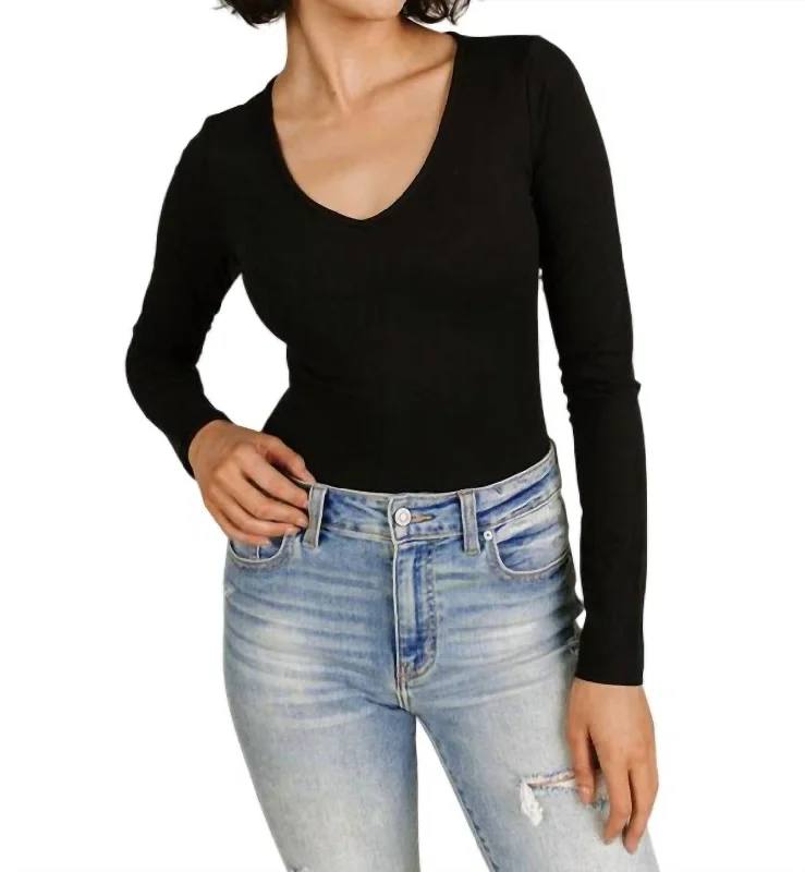 Bodysuit Long Sleeve V-Neck Top In Black