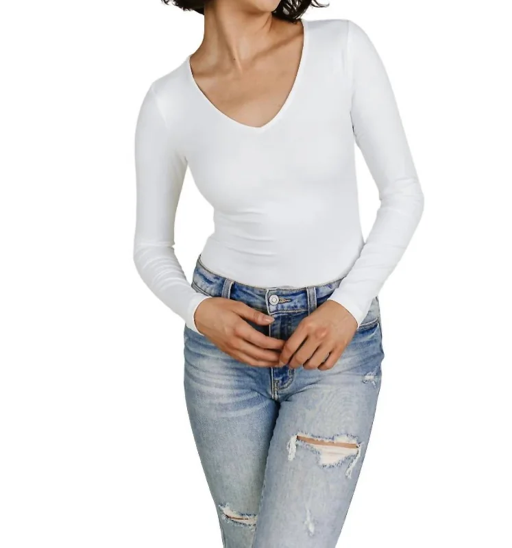 Bodysuit Long Sleeve V-Neck Top In White