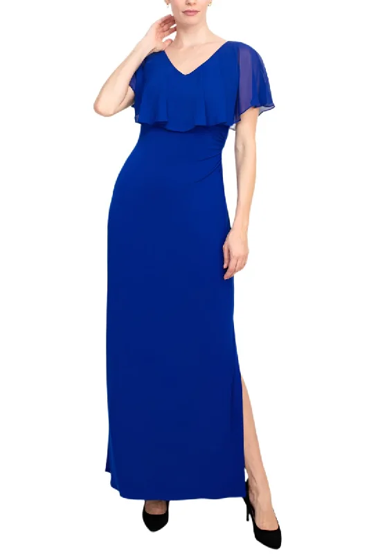 Connected Apparel V-neck Flutter Chiffon Sleeve Solid Column Matte Jersey Gown