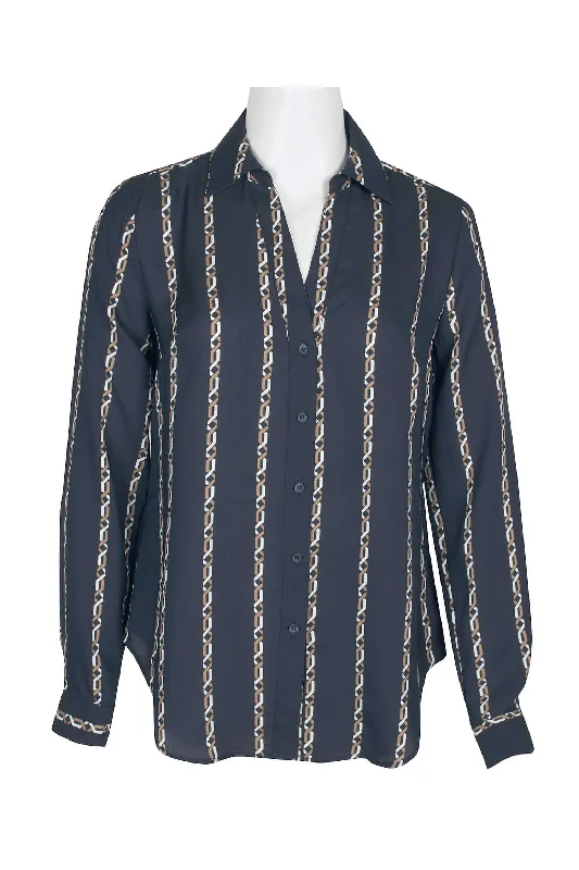 Joan Vass NY Collared V-Neck Button Down Button Cuffed Long Sleeve Back Yoke Printed Woven Top