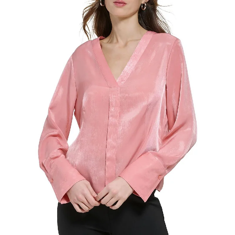 DKNY Womens Satin V-Neck Blouse