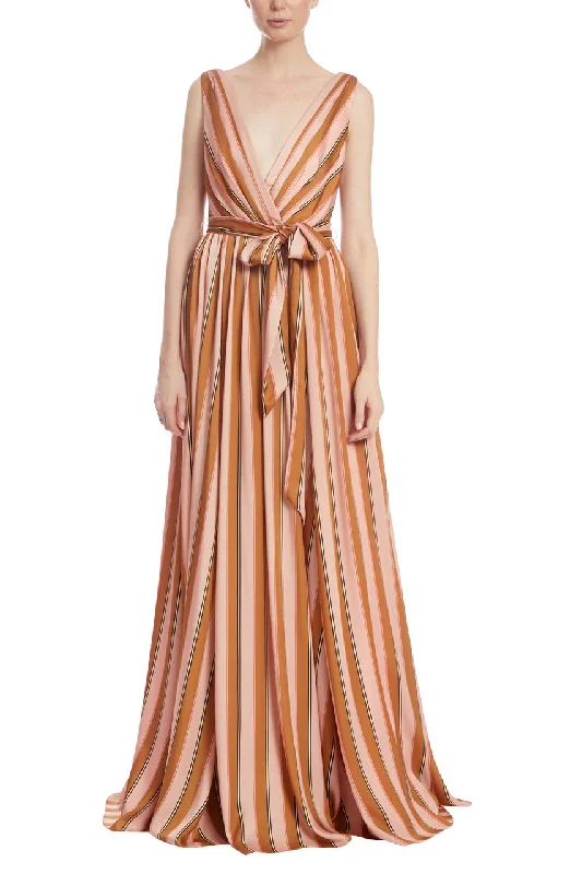 Badgley Mischka V-neck sleeveless tie waist zipper closure vintage striped twill gown