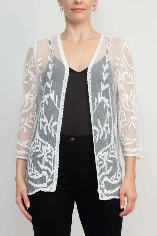 Nine Leonard V-Neck Open Front 3/4 Sleeve Floral Embroidered Mesh Jacket