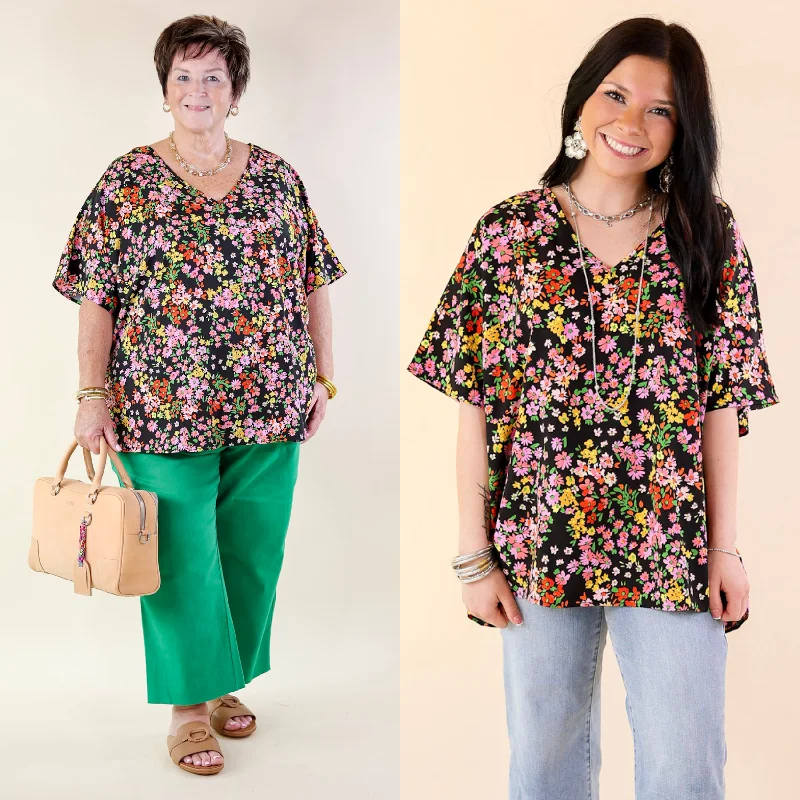 Majestic Moment V Neck Floral Print Poncho Top in Black