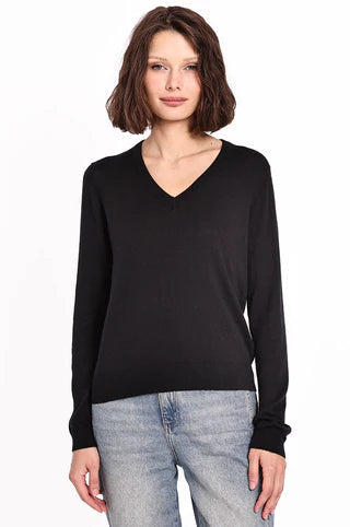 Minnie Rose Supima Cotton V Neck Long Sleeve Tee Black