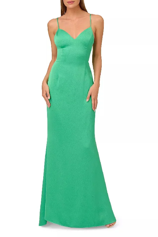 Liv Foster adjustable spaghetti strap tie back V-neck zipper closure textured satin gown