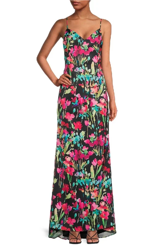 Liv Foster Floral Print V-Neck Spaghetti Strap Satin Gown