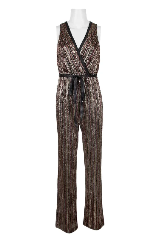 Aidan by Aidan Mattox V-Neck Sleeveless Piping Detail Tie Front Zipper Back Metallic Lurex Jumpsuit