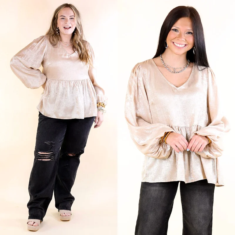 Popular Opinion Metallic V Neck Peplum Top with Long Sleeves in Champagne