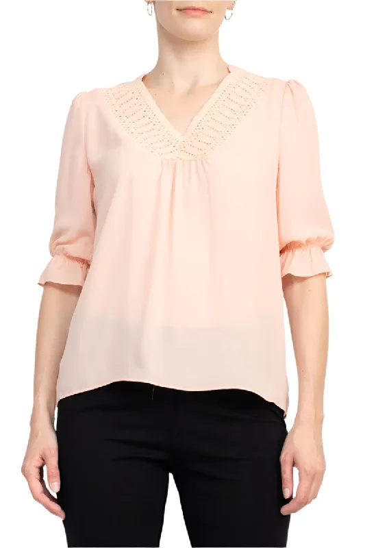 Zac & Rachel Lace V-Neck 3/4 Sleeve Solid Crepe Top