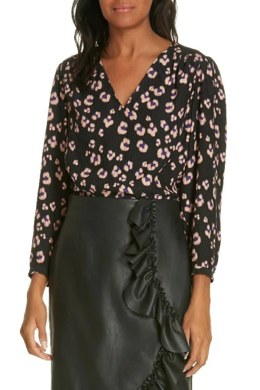 V Neck Cheetah Print Silk Blouse In Black