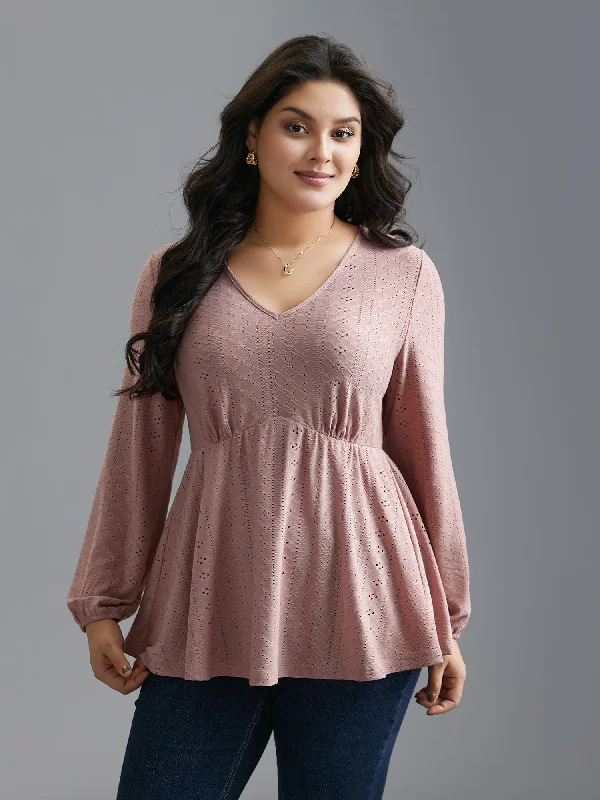 V-Neck Eyelet Gathered Knit Top