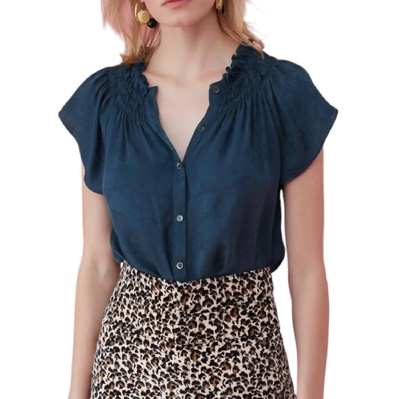 V Neck Floral Silk Jacquard Short Sleeved Blouse In Blue