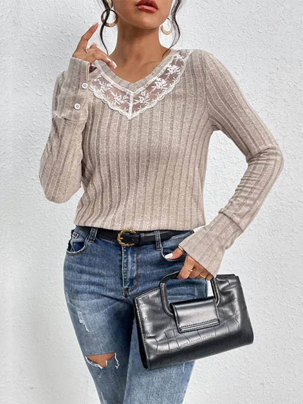 Autumn Elegance: Lace V-Neck Sweater Top