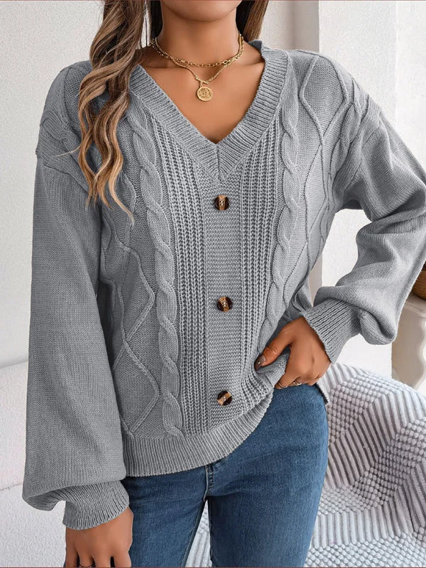 Autumn V-Neck Cable Knit Sweater with Delicate Button Accents