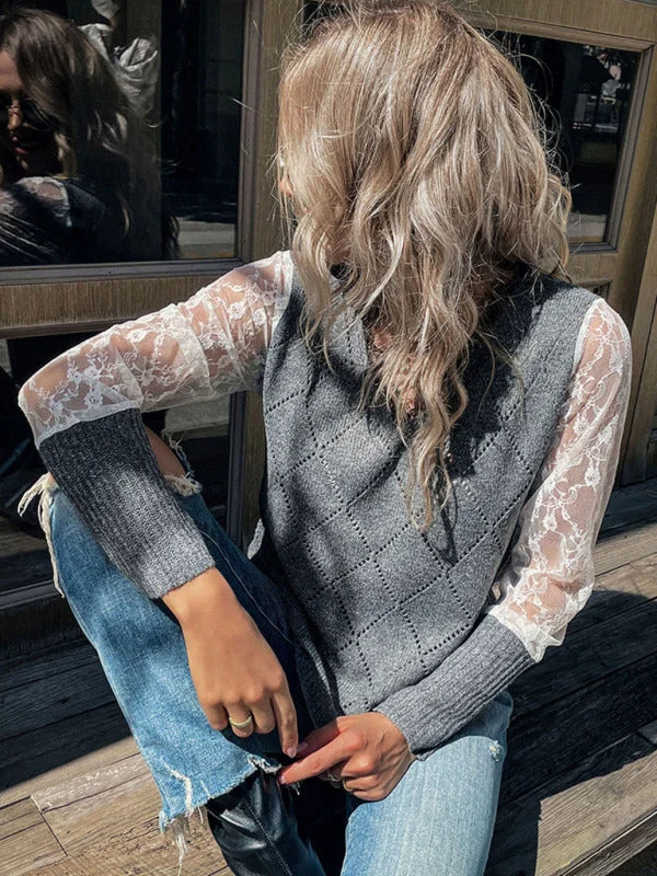 Knitted Diamond Lace Patchwork V-Neck  Sweater