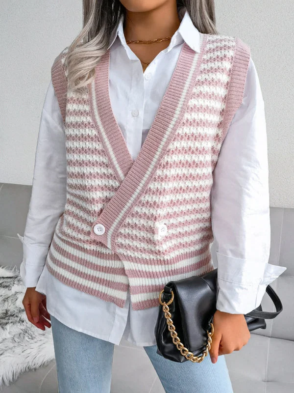 Knitted V Neck Sweate - Double-Breasted Vest