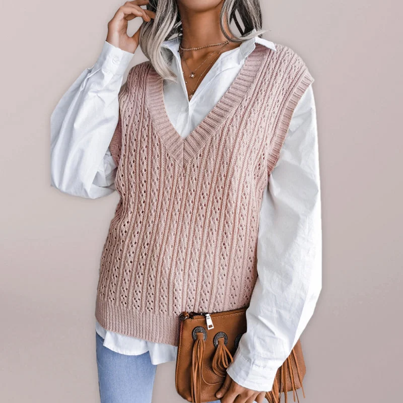 Knitted V Neck Sweater - Twist Cable Knit Vest