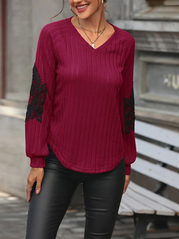 Lace Details V-Neck Raglan Sleeve Ribbed Knit Sweater