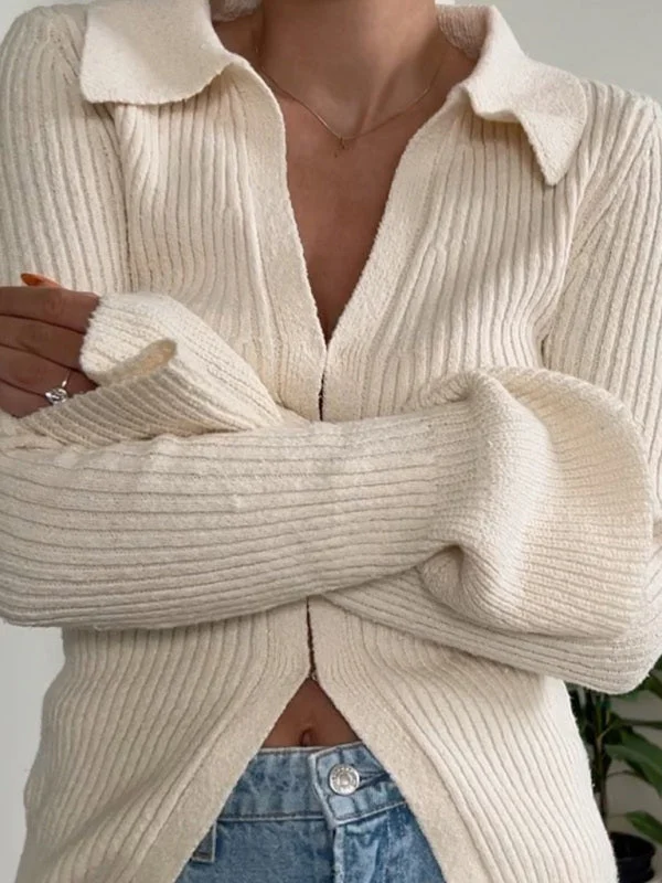 Ribbed Knitted V-Neck Long Sleeve Sweater Top