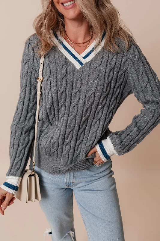 Trendy Striped V-Neck Cable Knit Sweater