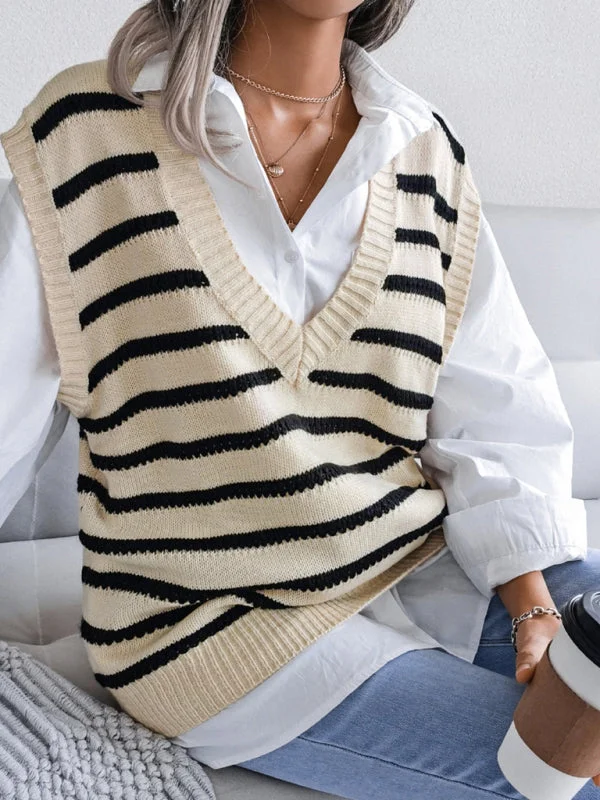 Stripe Knit V Neck Vest - Fall-Winter Sweater