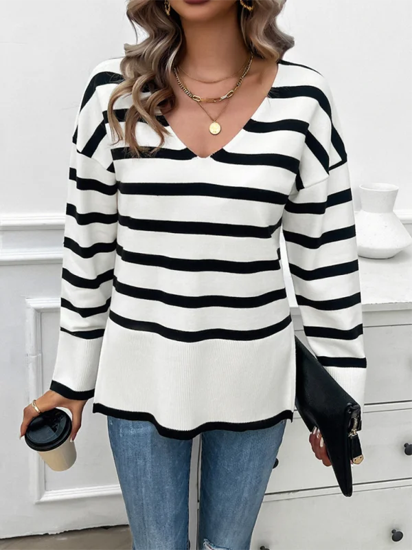 Women's Striped Drop Shoulder V-Neck Knit Sweater